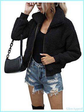 Short Faux Fur Coat Zip-Up Fluffy Jacket with Pockets